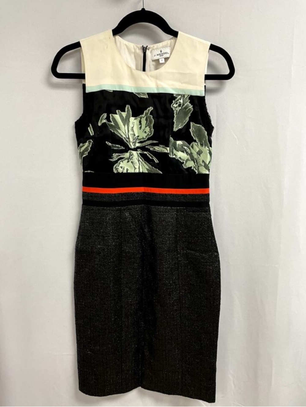 J. Mendel Paris Silk Blend Dress Black Textured Sheath Colorblock Floral Size 2